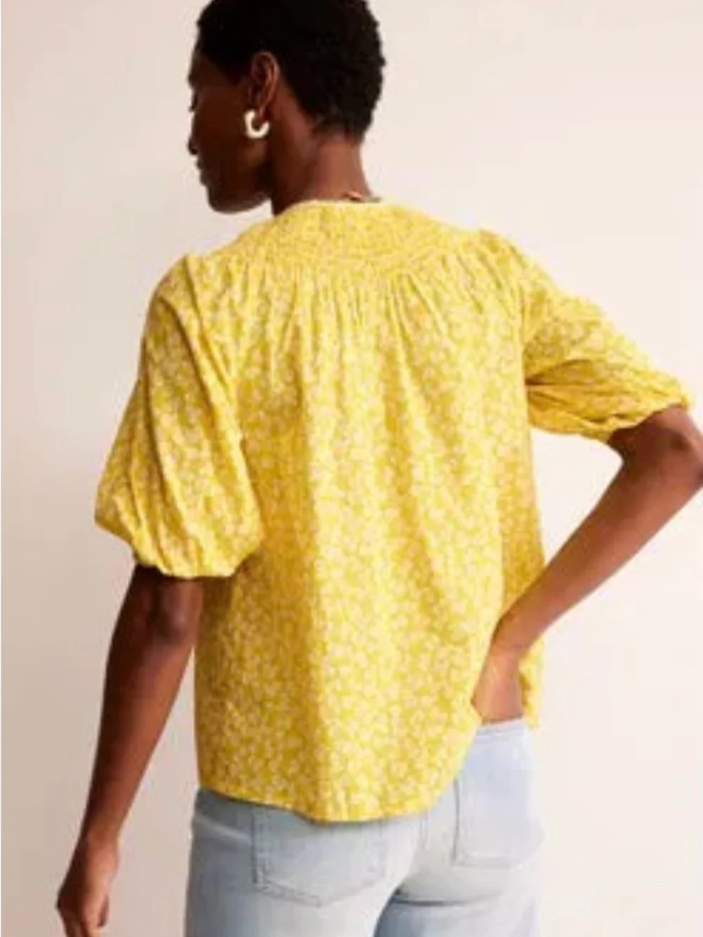 Boden Yellow Puff-Sleeve Smocked Yoke Blouse